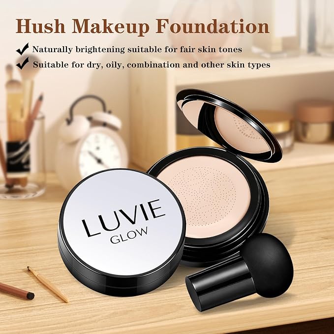 Ideal for Light/Medium Complexions-Hush Makeup Foundation, Mushroom Head Air Cushion CC Cream - BB Cream Foundation for Older Women (lvory white)
