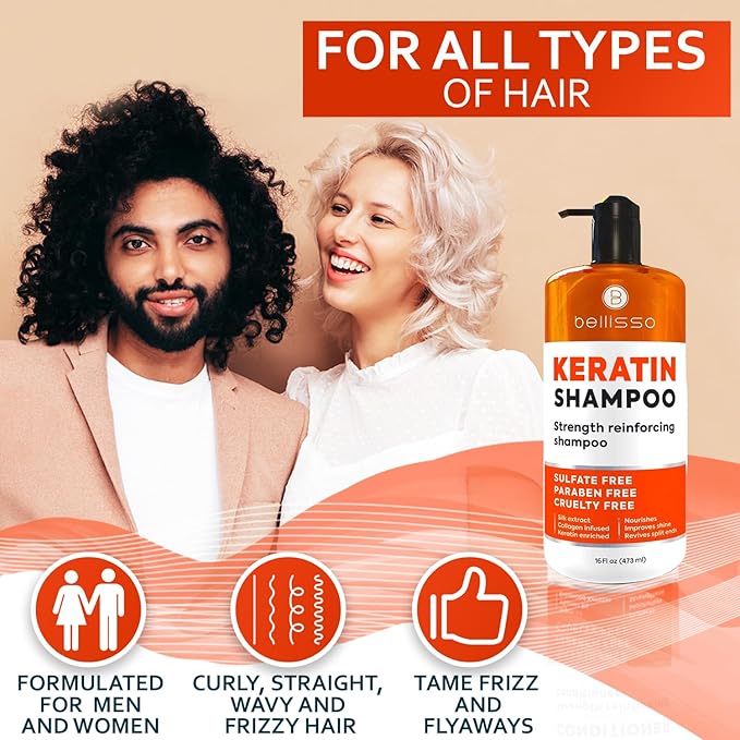 Keratin Enriched Shampoo - Sulfate and Paraben Free - Anti Frizz Treatment for Women and Men – Professional Salon Grade Repair Formula with Silk Protein for Dry, Frizzy Damaged and Color Treated Hair