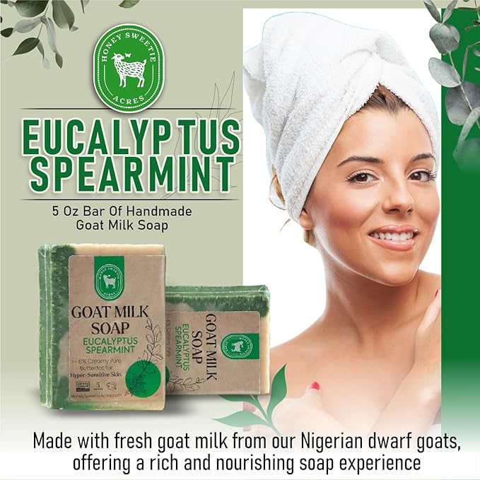 Honey Sweetie Acres 2-Pack Eucalyptus Spearmint Goat Milk Soap - Handmade 5 oz Bar, Made with Natural Ingredients, Moisturizing & Gentle, Made in the USA