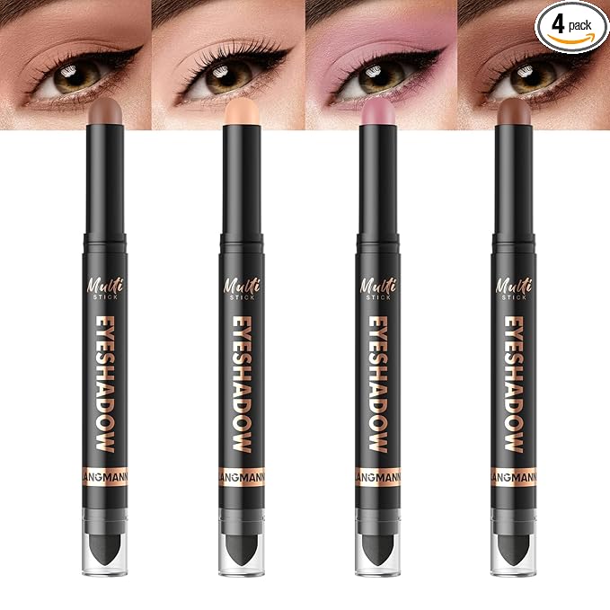 LANGMANNI 4Colors Dual-Ended Cream Eyeshadow Stick Set – Silky Smooth, Waterproof & Transfer-Proof, Built-in Blender Brush, All-Day Matte & Shimmer Wear Eye Makeup(#3+5+9+13)