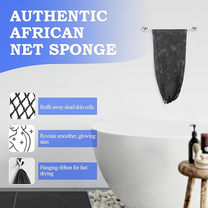 African Net Sponge - Deep Exfoliating Body Scrubber - Ultra Long African Net Sponge Reaches All Back Areas, Gently Buffs Away Dry Flaky Skin for a Renewed Feel, Home Spa Experience（Black）