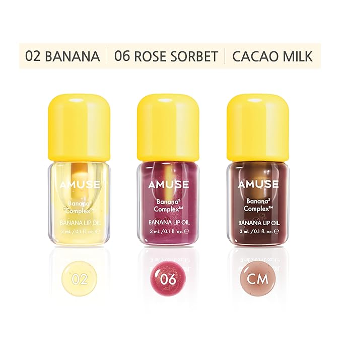 Amuse SEOUL Banana Lip Oil MINI TRIO SET - Moisturizing Lip Oil Stain, Banana Scent, Hydrating Nourishing Crystal Clear Lip Stain, Lightweight Non-Sticky Glossy Finish, Vegan, Korean Beauty Makeup