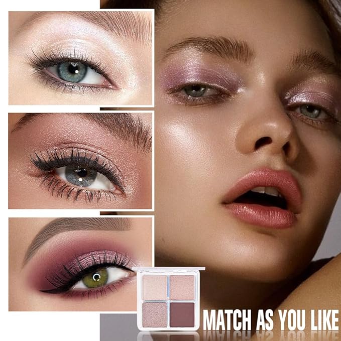 4 Colors Champagne Cream Shimmer Eyeshadow Palette, Dusty Pink Rose Gold Dark Brown Quads, Highly Pigmented Waterproof, Natural Everyday Makeup for Women, sombras de ojos, Vegan & Cruelty-Free