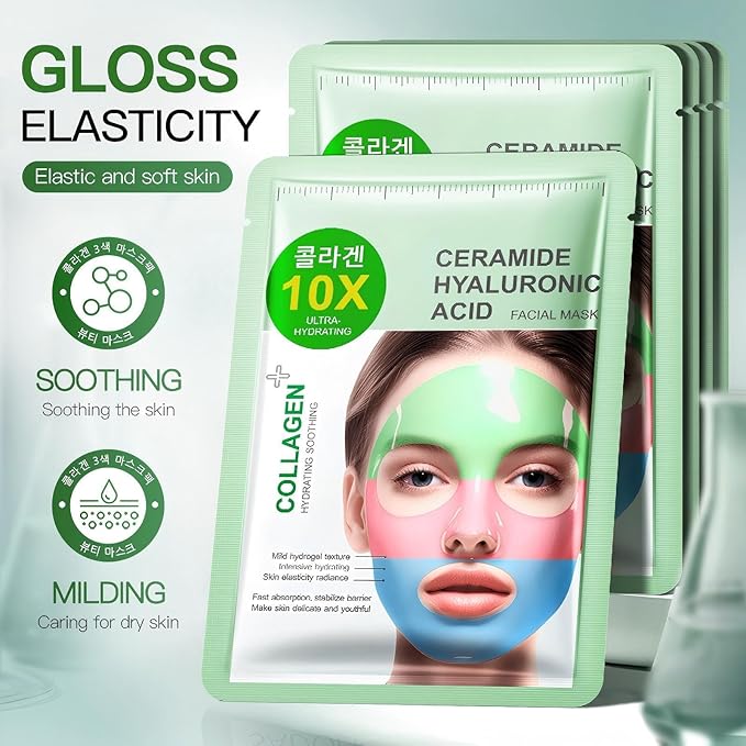 Collagen Face Mask, Hydrating Face Mask 3-Color Sheet Mask with Ceramide and Hyaluronic Acid, Deep Moisturizing & Plumping Facial Mask, Triple Effect 5PCS, Gentle & Nourishing for All Skin Types