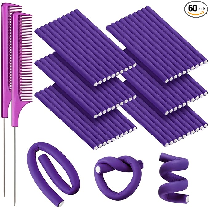 WILLBOND 60 Pieces Flexible Curling Rods Hair Curlers Rollers Twist Flexi No Heat Rods Rollers for Long Short Hair Women(0.3 x 7 Inch,Purple)