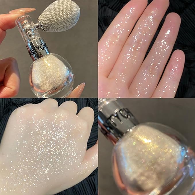 Pearl White Highlighter Spray for Face and Body, Long Lasting Sparkle Glitter Powder with High Gloss Shimmer Makeup for Women, Festival Party Rave Wedding Stage and Halloween Christmas Crafts