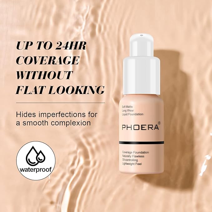 BestLand 2Pack PHOERA Foundation Full Coverage Liquid Foundation Cream - Long-lasting Lightweight Concealer - Oil-Free Formula - Natural Shade - Suitable for All Skin Types (2 Pack Nude #102)