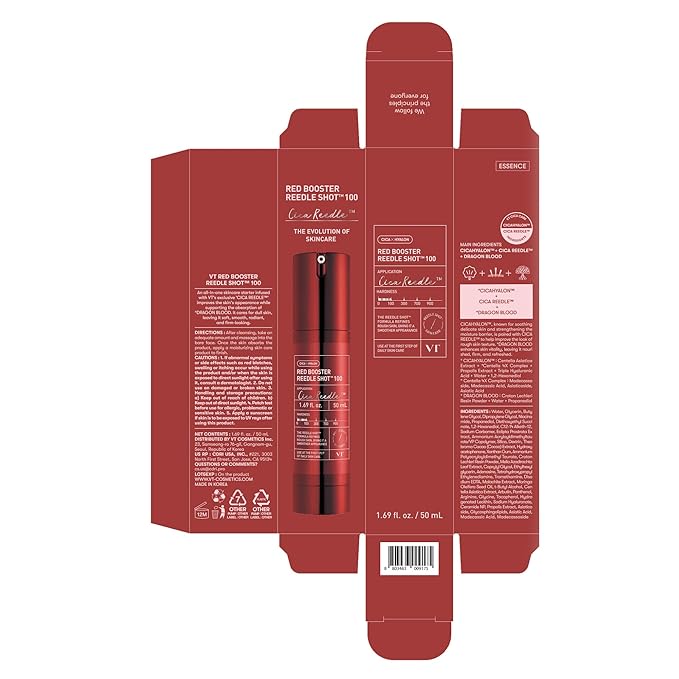 VT COSMETICS Red Booster Reedle Shot 100 Serum with Dragon’s Blood Extract & Exosome Microneedling Formula, Korean Skincare, 1.69 fl oz(50ml)