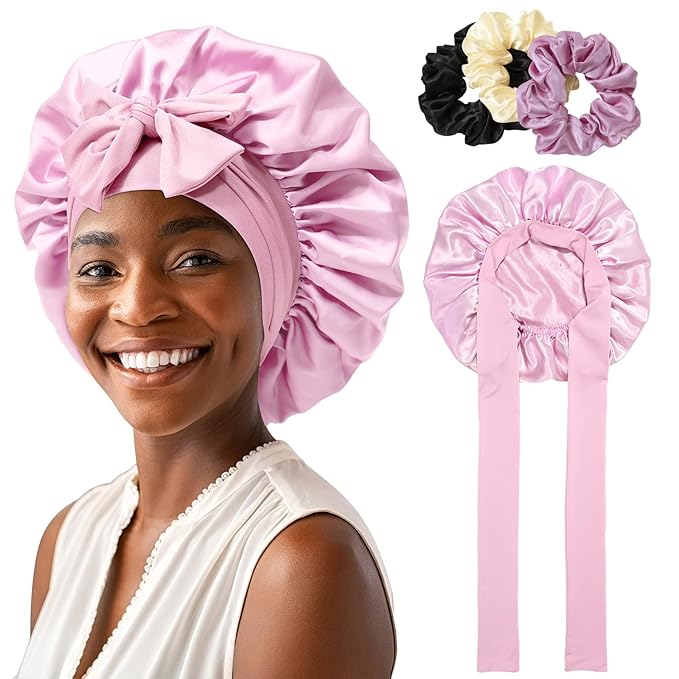 Satin Bonnet with 3PCS Hair Scrunchies for Women Tie Band Hair Bonnet Large 2 Layered Silk Sleeping Cap Nightcap for Sleeping (Pink with Bonus 3 Hair Scrunchies)