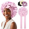 Satin Bonnet with 3PCS Hair Scrunchies for Women Tie Band Hair Bonnet Large 2 Layered Silk Sleeping Cap Nightcap for Sleeping (Pink with Bonus 3 Hair Scrunchies)