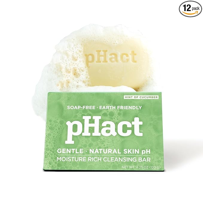 ANDREW LESSMAN pHact Moisture-Rich, Soap-Free Cleansing Bar Cucumber. Natural Skin pH. All Skin Types - Even Sensitive Skin. Hypoallergenic. Dermatologist Tested. 12 - Pack 4.25 oz each