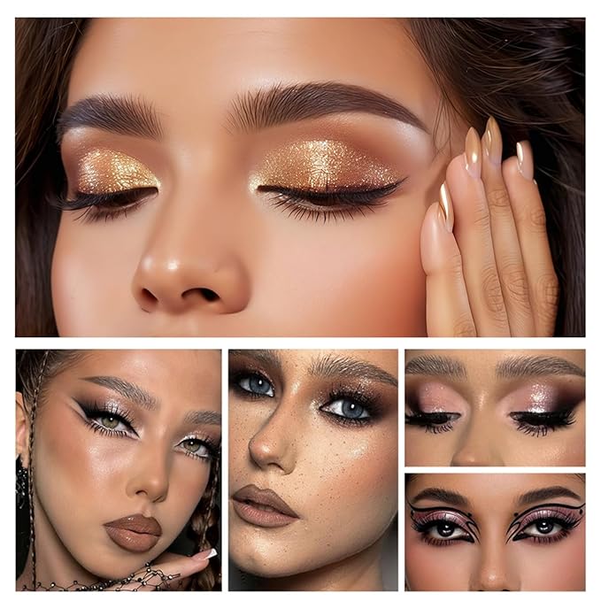 4-in-1 Eye Makeup Kit 4 Colors Eyeshadow Palette Black Liqiud Eyeliner with Stamp and Double-headed Brown Eyebrow Pencil Set for Women Beginners Gift (01)