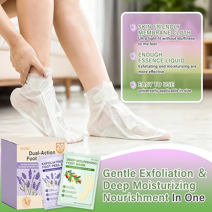 BESNEL 12Pack Moisturizing＆8Pack Foot Peeling Foot Mask, Teacher Appreciation Gifts, Hydrating Foot Masks Dry Cracked Feet,Soothing Moisturizer Socks Repair Rough Heels＆Baby Soft Feet(20p)