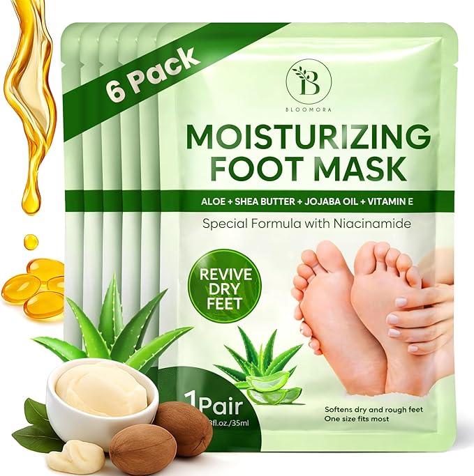 6 Pack Moisturizing Foot Mask for Dry Cracked Feet, Restoring & Hydrating Socks with Aloe, Shea Butter, Jojoba Oil & Vitamin E, Feet Mask for Women & Men Foot Care
