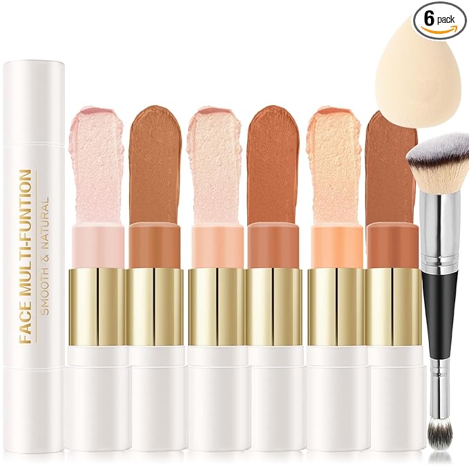6 Colors Cream Contour Stick Makeup Contour Kit,Double-ended Cream Bronzer for Sculpt, Highlighter and Blush Stick Makeup Kit, Matte & Dewy Finish (SET C)