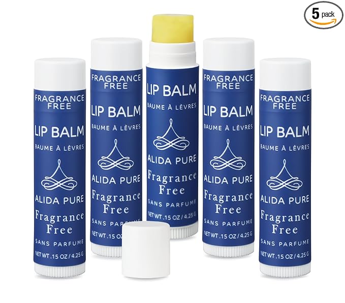 Fragrance Free Lip Balm, Vegan Set, Unscented, No Flavor, Beeswax Free, Organic Jojoba and Avocado Oil, Vitamin E, Natural Moisturizer for Dry, Chapped, or Cracked Lips, 5 Tube Set