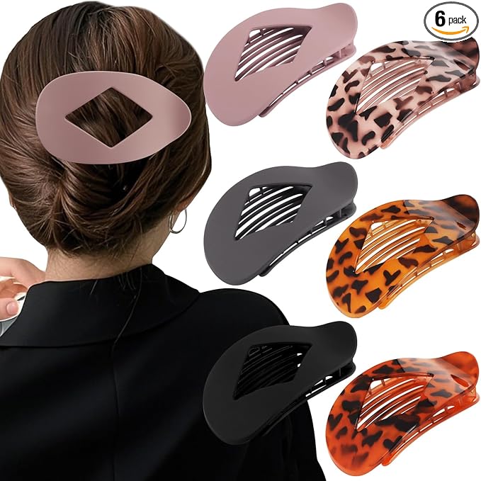 Atoden Flat Hair Clips Duckbill Large Claw Clips for Thick Medium Thin Hair 6Pcs French Barrettes Accessories for Women Girls Oval Round Leopard Tortoise Shell Neutral Color
