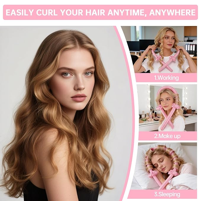 heatless curls overnight hair curlers to sleep in Silk Curl Rod Headband for Long Hair Foam Curly Ribbon Styling Tool (Pink，Satin)
