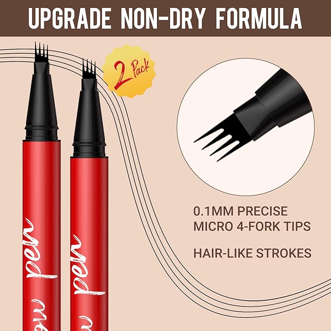Vevivia Beauty Eyebrow Pencils for Women - Eyebrow Pen 2 Pack, Precise 4-Tip Brow Pencil for Natural-Looking Fuller Brows, Hair-Like Strokes for All Brow Types, Last All-Day Brow Pen, Brown