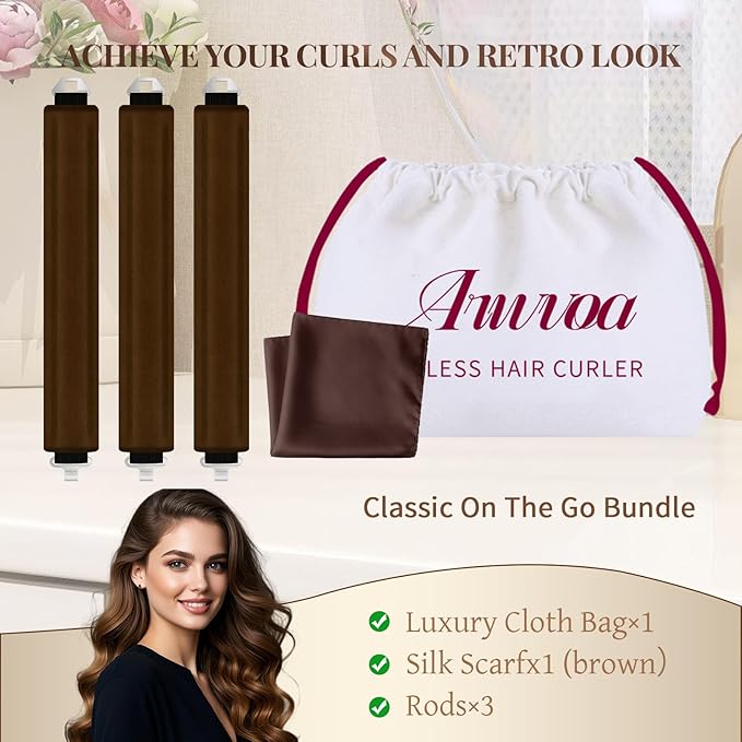 Heatless Hair Curler Heatless Curls Overnight Heatless Blowout with Luxury Cloth Bag Silk Scarf, Curling Rod Headband to Sleep in No Heat Curling with (Brown, 3Rods)