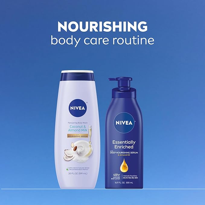NIVEA Pampering Coconut and Almond Milk Body Wash with Nourishing Serum, Moisturizing Body Wash for Women, Enriched with Provitamin B5 and Vitamin E, 20 Fl Oz Bottle