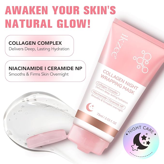 Collagen Night Wrapping Mask, Overnight Peel Off Facial Mask with Hydrolyzed Collagen for Hydrated, Plumped & Smooth Skin