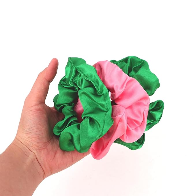Silk Scrunchies for Women Girls 12 PCS Pink&Green Hair Scrunchies Silk Satin Hair Ties for Thick Hair Bulk Hair Ties Hair Accessories