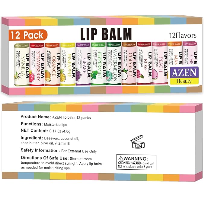 AZEN 12 Pack Lip Balm Bulk, Moisturizing Lip Balms for dry cracked lips, Mothers Day Gifts Easter Basket Stuffers - 12 Flavors