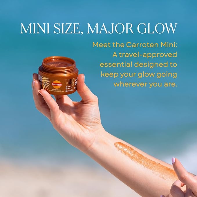 Carroten Shimmer Tanning Gel | Travel Size Tan Accelerator & Body Bronzer | Non-Greasy Water-Resistant with Carrot & Coconut Oil | Vitamin A&E for Moisture & Hydration | TSA Approved | 1.7oz + Spatula