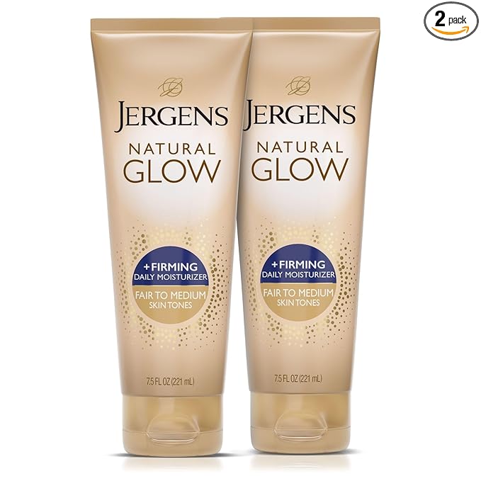 Jergens Natural Glow +Firming Self Tanner Body Lotion, Fair to Medium Skin Tone, Sunless Tanning Moisturizer with Collagen and Elastin. Helps to Visibly Reduce Cellulite, 7.5 Fl Oz (Pack of 2)