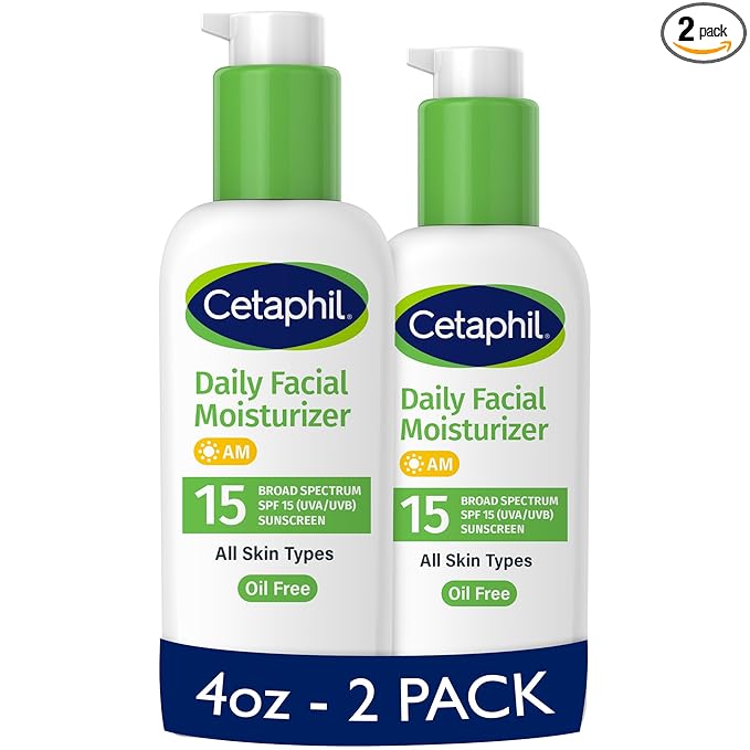 Cetaphil Daily Facial Moisturizer SPF 15, 4 Fl Oz, Gentle Facial Moisturizer for Dry to Normal Skin Types, No Added Fragrance, Pack of 2, (Packaging May Vary)