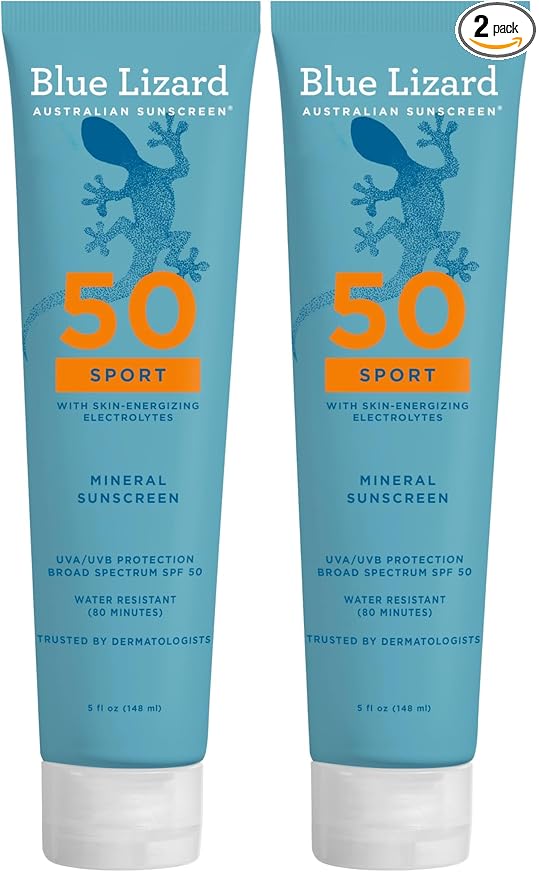 Blue Lizard Sport Mineral SPF 50 Lotion,Ideal for Athletes,100% Mineral Sunscreen Actives,Fragrance-Free,Paraben-Free,Vegan,5 fl oz,(Pack of 2)
