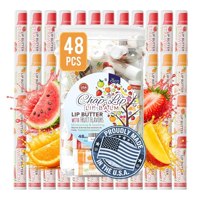 CHAP-LIP Original Lip Balm Hydrating Bulk Chap Stick with Fruit Flavors, Coconut Oil, and Cocoa Butter - Christmas Gift Stocking Stuffers Lip Therapy Pack for Men and Women - Made in the USA, 48 Pack