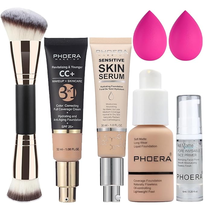 PHOERA Foundation Full Coverage,PHOERA CC+ Cream,2024 New PHOERA Foundation Makeup for Mature Skin, Wrinkles Matte Natural Finish,Primer (103+120CC+N02/ Warm peach+Nude +Nude)