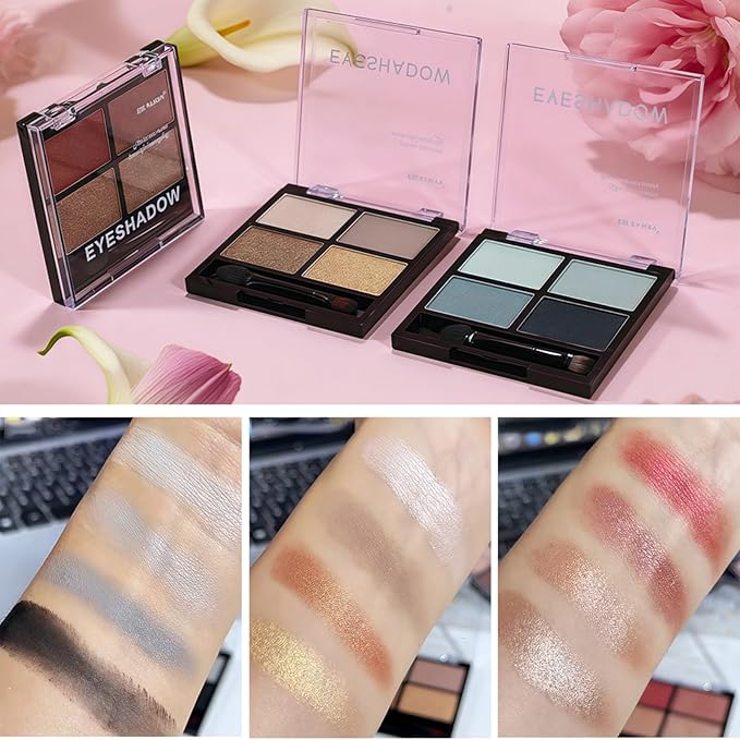 4-in-1 Eye Makeup Kit 4 Colors Eyeshadow Palette Black Liqiud Eyeliner with Stamp and Double-headed Brown Eyebrow Pencil Set for Women Beginners Gift (02)