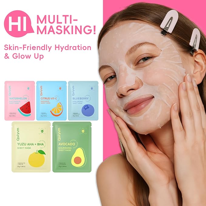 QUIYUM Fruit Face Masks Skincare, Facial Masks for Women, Sheet Masks Beauty with Natural Ingredients, Moisturize & Soothe for All Skin Type, Birthday Party Spa Gift 25 Pack, Stocking Stuffers