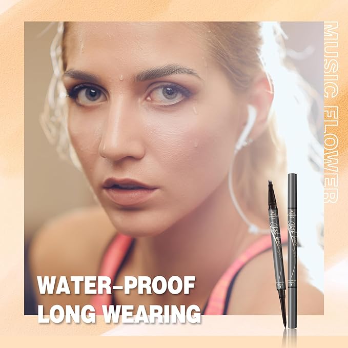 Music Flower Dual-Ended Microfilling Eyebrow Pen, Liquid Eyebrow Pen with 4 Micro Brush-Tip Applicators & Brow Defining Pencil with Precision Tip (Dark Grey)