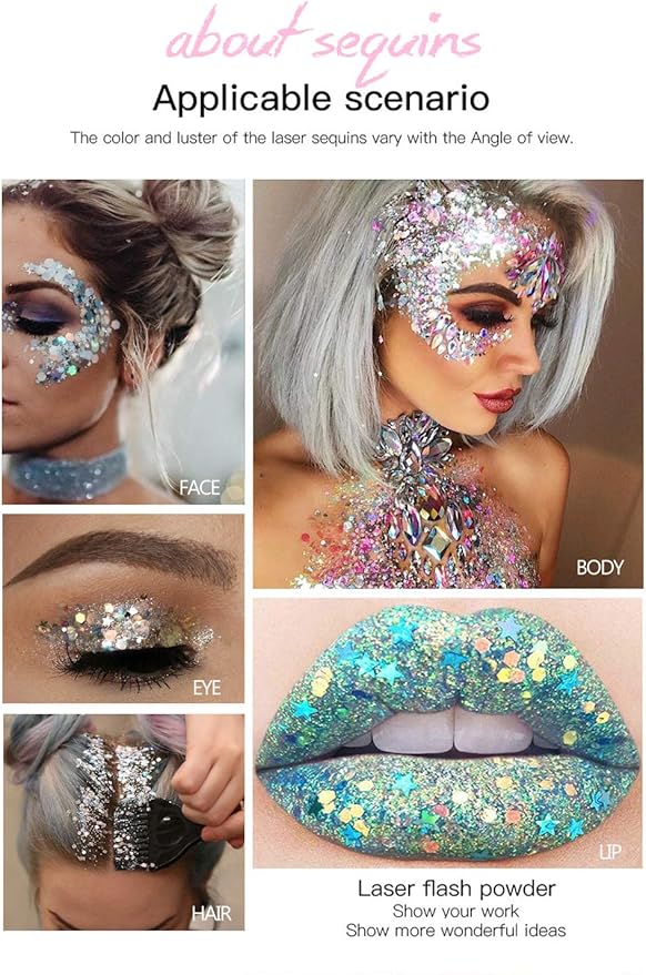 Mermaid Sequins Chunky Glitter Liquid Eyeshadow Glitter Body Gel Festival Glitter Cosmetic Face Hair Nails Makeup Long Lasting Sparkling 30g (#04 Green)