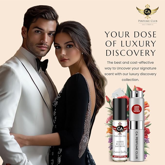 CA Perfume Duo Impression of Amber Rouge Saffron For Women and Men Fragrance Layering Set Bundle – Eau De Parfum + Body Oil Roll-On Bottle (Set of 2, 0.27 Fl Oz + 0.33 Fl Oz)