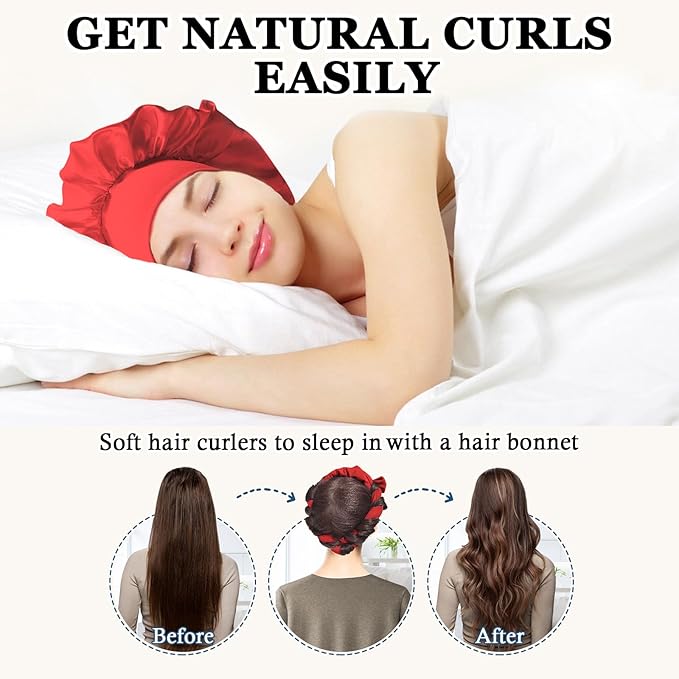 Gwabee Heatless Curls Overnight Hair Curlers to Sleep In, 9 PCS Velvet Heatless Hair Curler Overnight Curls for Women Long Medium Hair Volumes, Heatless Curling Waves Set with Sleep Bonnet - Red