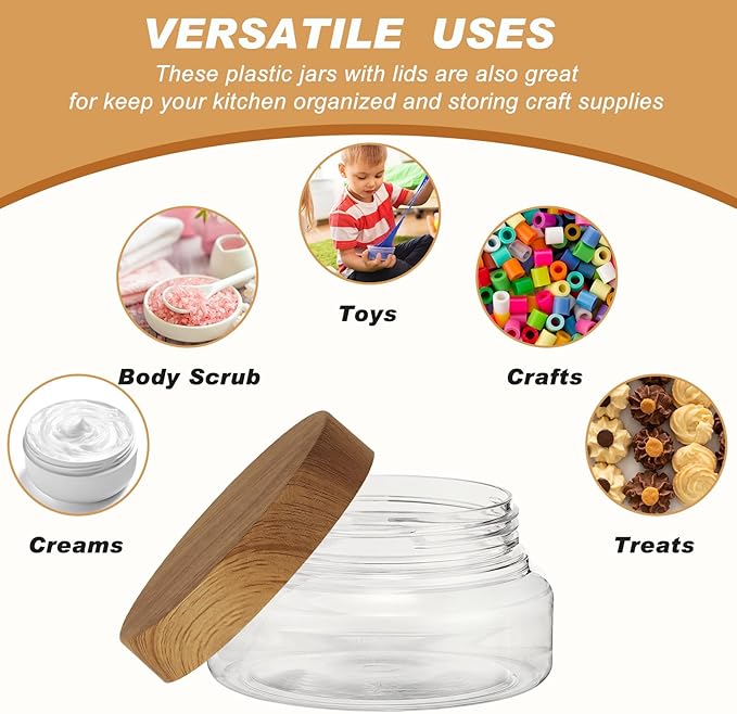 Tessco for you 24 Pack Plastic Jars with Lids Labels Multiuse Slime Containers Empty Body Scrub Jars Round Refillable Cosmetic Body Butter Container for Makeup (5 oz,Clear,Dark Beech)