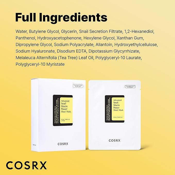 COSRX Snail Mucin Sheet Mask 10 EA with Snail Mucin Serum, Hydrating Face Sheet Masks for Dry & Sensitive Skin, Korean Face Mask, Korean Skin Care