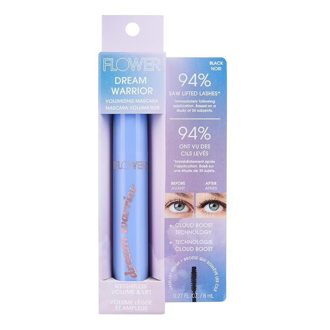 FLOWER Beauty By Drew Barrymore Dream Warrior Volumizing, Long-Wearing Mascara With Clump Free Technology for Lash Lengthening + Lash Lifting + Curling - Washable + Defining + Buildable - Black