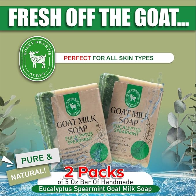Honey Sweetie Acres 2-Pack Eucalyptus Spearmint Goat Milk Soap - Handmade 5 oz Bar, Made with Natural Ingredients, Moisturizing & Gentle, Made in the USA