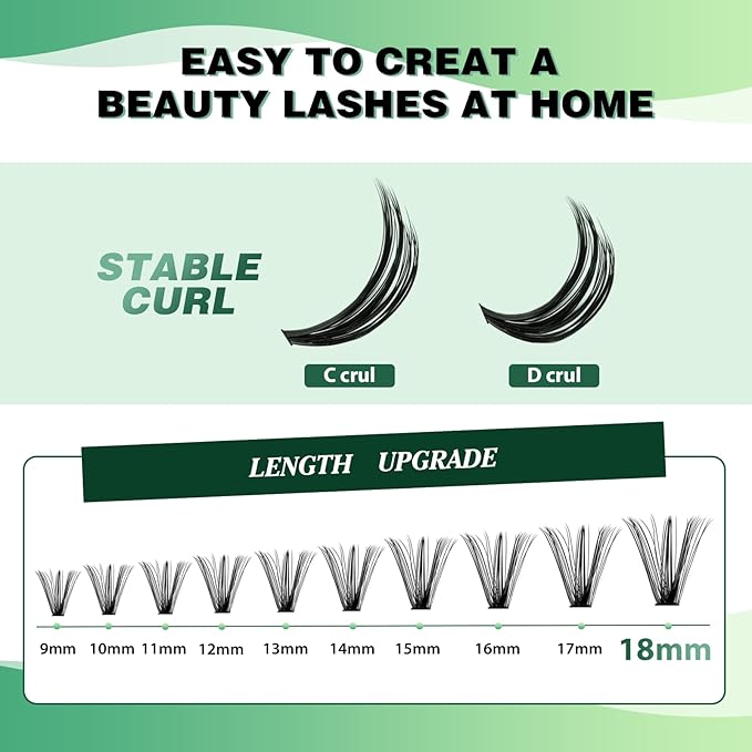 KEYYOU Lash Clusters 300pcs Individual Lashes, 40D 0.07C Curl 9-18MIX DIY Eyelash Extension, Soft & Natural Volume Cluster Lashes with Large Tray