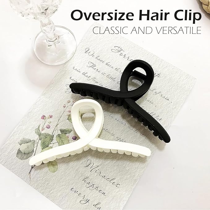 2 PCS Large Matte Hair Claw Clips, 6 Inch Extra Big Hair Clips for Thick Hair and Long Hair, Xl Jumbo Claw Clips Neutral Colors Strong Hold Hair Accessories for Women and Girls (Black and White)