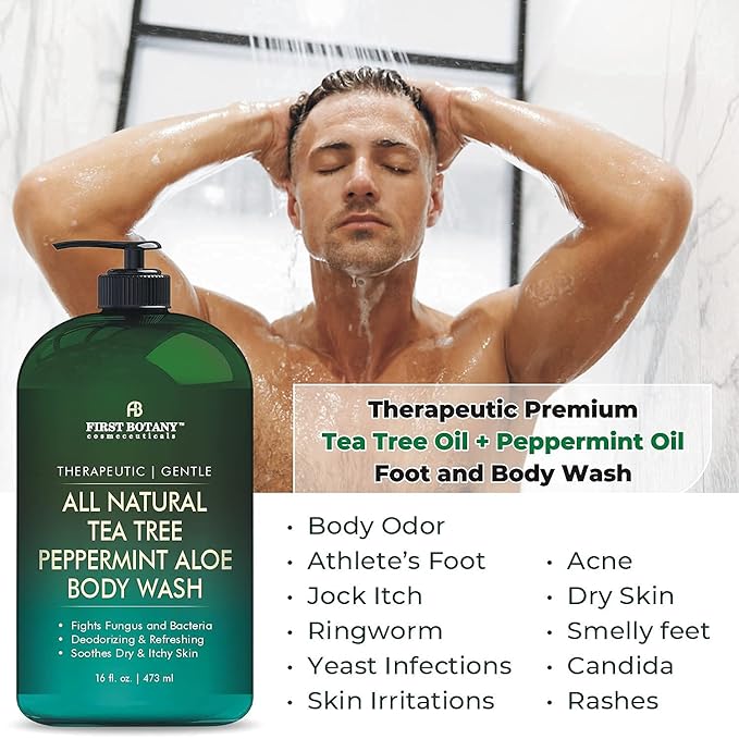 First Botany, All Natural Tea Tree Body Wash Fights Body Odor Athlete's Foot Jock Itch Nail Issues Dandruff Acne Eczema Yeast Infection Shower Gel Eucalyptus & Peppermint Aloe Skin Cleanser 16 X 2 fl