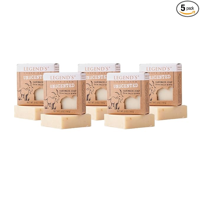 Legend's Creek Farm Goat Milk Soap - Cleansing Moisturizing Bar for Hands and Body - 5 Oz Creamy Lather, Nourishing, Gentle Natural Soap for Sensitive Skin, Handmade in USA (Unscented, Pack of 5)