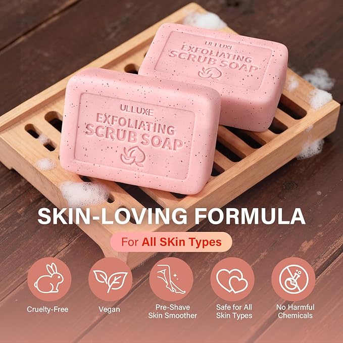 Body Scrub Soap Bar, Pre-shave Exfoliating Bar Soap with BHA Salicylic Acid & Shea Butter, Smooths Rough Bumpy Skin, Skin Soft, Moisturizing & Gentle for All Skin Types, Peach Scent, 3.53 oz Each