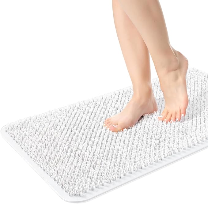Yolife Shower Foot Scrubber Mat, Anti-Slip Bath Mat with Scrub Bristles, Soft Shower Foot Massager with Strong Suction Cups for Soothe Achy Feet (White, 25.6" x 13.4")
